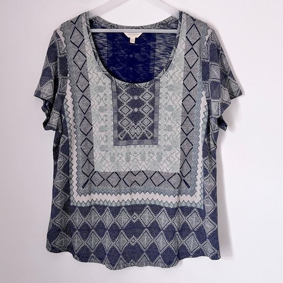 Lucky Brand Tops - Lucky Brand Blue Green Multi Border Print Cotton Modal Tee 1X
